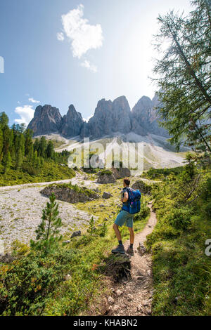 Randonneurs sur le sentier de randonnée vers le Geisleralm dans la vallée de Villnösstal en dessous des sommets d'Odle, derrière le groupe d'Odle, Sass Rigais Banque D'Images