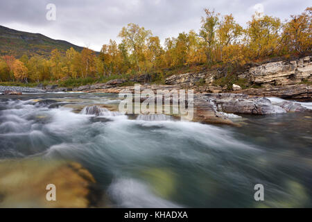 Abiskojakka la rivière coule à travers la rivière abisko canyon, rivière paysage en automne, Abisko National Park, Suède Banque D'Images