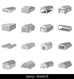 Hangars différents style monochrome, icons set Illustration de Vecteur