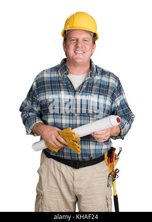 Entrepreneur mâle avec des plans de maison, wearing hard hat isolated on white Banque D'Images