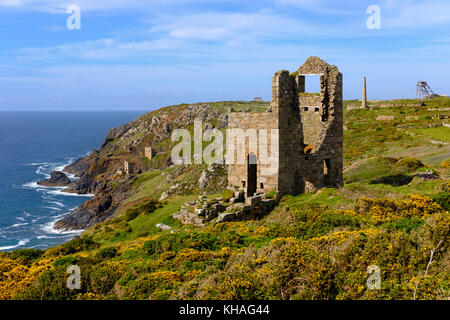 Côte Rocheuse avec des ruines, ancienne mine, ancienne mine d'étain, laque botanique mine, st just in penwith, Cornwall, Angleterre, Grande-Bretagne Banque D'Images