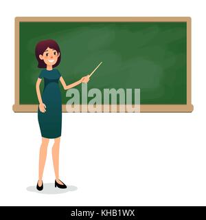 Caricature femmes plates avec pointeur dans la salle de classe près du tableau noir enseigne une leçon. Une enseignante Yang à l'université donne une conférence. Professeur à plat sur la leçon montrant à bord. Espace vide pour le texte. Illustration de Vecteur