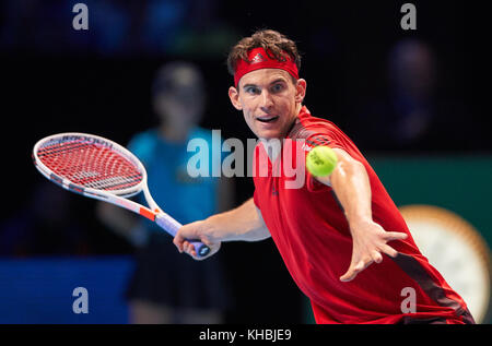 Tennis ATP, Londres, novembre 15, 2017 Dominic thiem, aut en action, il bat pablo carreno busta, esp 6-3, 3-6, 6-4 à la finale hommes tennis atp nitto dans millenium arena, O2 Arena de Londres, Royaume-Uni, le 15 novembre 2017, la saison 2017-2018 © Peter schatz / alamy live news Banque D'Images