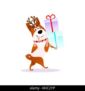 Funny cartoon portrait de chien avec des cadeaux de Noël. Personnage portant des cornes de cerf plat pour Noël ou le Nouvel An 2018. Chiot Terrier à présent isolé sur fond blanc. Illustration vecteur de Noël. Illustration de Vecteur