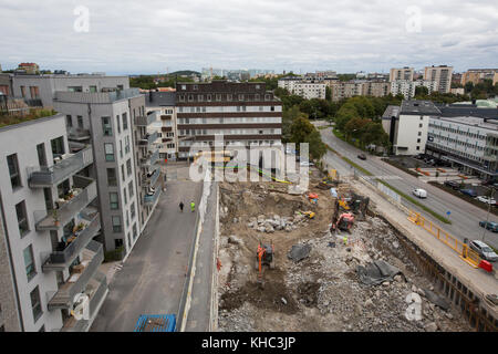 Les travaux sont actuellement en cours dans un nouveau bâtiment résidentiel, Solna, Suède. Banque D'Images