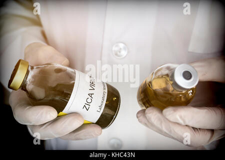 Médecin est titulaire d'un flacon échantillon de zika virus dans un hôpital. conceptual image Banque D'Images