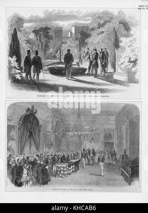 Composé de deux gravures, la gravure sur le dessus illustre l'exhumation des restes de James Monroe, la gravure sur le fond représente son corps couché dans l'État à l'hôtel de ville de New York, New York, avant d'être réinterré dans le cercle du Président, cimetière d'Hollywood, Richmond, Virginie, 1900. De la bibliothèque publique de New York. Banque D'Images