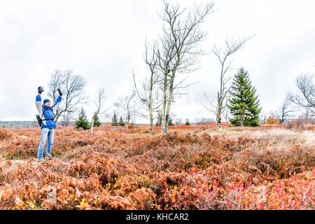 Jeune homme marche sur le sentier de randonnée à travers le feuillage automne coloré orange automne fern prairie bras levés de terrain, étirée, tendus jusqu'à West heureux Banque D'Images