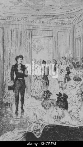 Illustration gravée représentant un homme en costume, tenant un haut de forme, dans une salle pleine de gens bien habillés, pour le roman i promessi sposi (Les fiancés) par Alessandro Manzoni, 1827. à partir de la bibliothèque publique de new york.