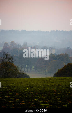 Penshurst Place ; à pied autour des sentiers environnants sur une randonnée d'hiver novembre brumeux avec ciel rose sur la fin de l'après-midi à l'horizon d'arbres silhouette Banque D'Images