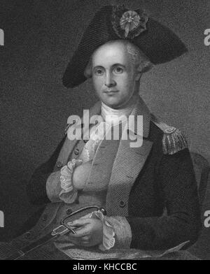 Demi-longueur gravé portrait de mordecai gist, membre d'une éminente famille du Maryland qui est devenu un général de commandement de la Maryland line dans l'armée continentale durant la guerre d'indépendance américaine, assis, tenant une épée, la main dans son gilet, Maryland, 1780. à partir de la bibliothèque publique de new york. Banque D'Images