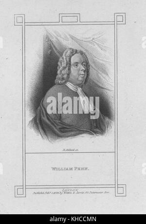 Une gravure d'un portrait de William Penn, un promoteur immobilier anglais qui a fondé la province de Pennsylvanie, 1882. De la bibliothèque publique de New York. Banque D'Images