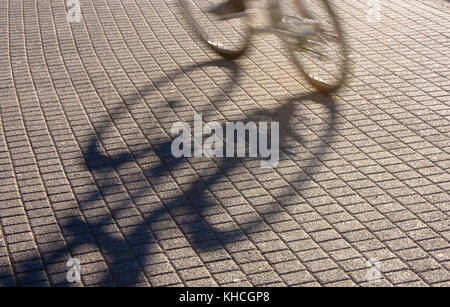 Silhouette cycliste flou et l'ombre sur le chemin piétonnier à motifs en ville tôt le matin Banque D'Images