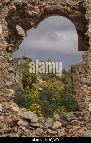 Les ruines de la ville de Monemvasia, avec masses de fenouil géant en fleur ; le Péloponnèse, Grèce. Banque D'Images