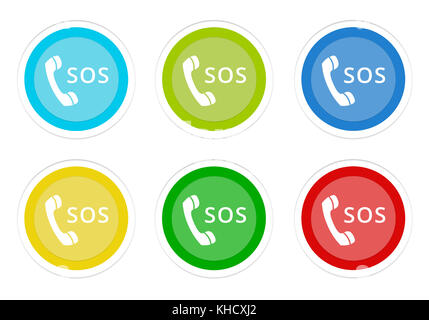 Ensemble de boutons colorés arrondie avec sos symbole de téléphone en bleu, vert, jaune, cyan et rouge Banque D'Images