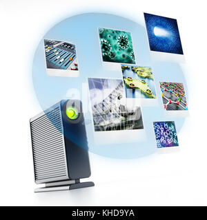 Disque dur externe avec des projections de photos. 3d illustration. Banque D'Images