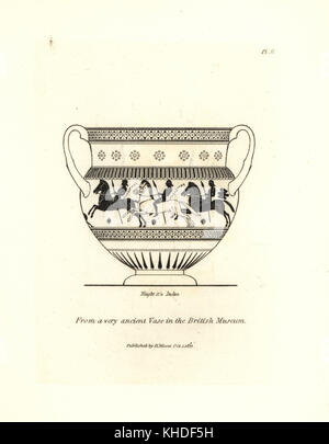 L'inscription des anciens guerriers avec des lances à cheval d'un très ancien vase de la British museum. gravure sur cuivre par Henry Moïse à partir d'une collection de vases antiques, autels, etc., Londres, 1814. Banque D'Images