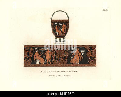 Vase antique au British Museum. Vases en argile rouge noir avec dessins de personnages mythologiques. La gravure sur cuivre coloriée par Henry Moïse à partir d'une collection de vases antiques, autels, etc., Londres, 1814. Banque D'Images