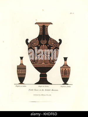 Fictile vases de la British museum. vases en argile rouge noir avec motifs décoratifs. coloriée à la gravure sur cuivre par Henry Moïse à partir d'une collection de vases antiques, autels, etc., Londres, 1814. Banque D'Images