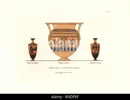 Fictile vases de la British museum. vases en argile rouge avec dessins noirs, montrant des motifs décoratifs, guerrier sur deux biga-cheval char, et combats guerriers. coloriée à la gravure sur cuivre par Henry Moïse à partir d'une collection de vases antiques, autels, etc., Londres, 1814. Banque D'Images