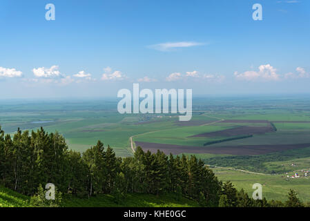 Vue panoramique sur le haut de la ville, arbres, forêt, champs agricoles, de fermes et de villages sur le fond bleu du ciel et nuages en été Banque D'Images