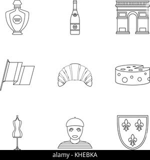 Tourisme en france icons set style du contour, Illustration de Vecteur