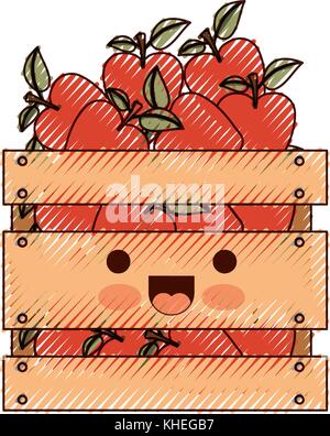 Panier de pommes en bois kawaii dans crayon de couleur d'ossature Illustration de Vecteur