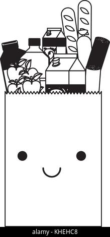 Sac de papier rectangulaire kawaii avec saucisses et pommes pain Aliments et boissons jus d'orange et une bouteille d'eau et de lait en carton silhouette noire Illustration de Vecteur