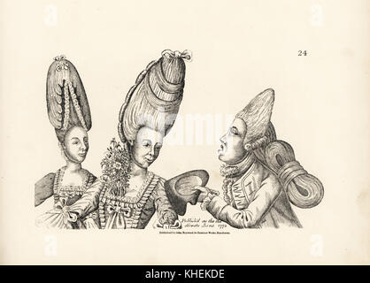 Caricature de modes de la fin du xviiie siècle : les femmes en grandes perruques avec jardin de fleurs dans son sein, et les macaronis dans un grand extravagant avec perruque de cheveux de masse lié à l'arrière. La gravure sur cuivre après une illustration satirique par Timothy Bobbin (John Collier) de passions humaines délimitées, John Haywood, Manchester, 1773. Banque D'Images