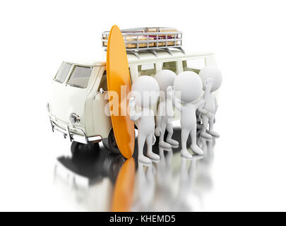 3d illustration. blancs en van avec des planches sur le toit. surf ou vacances. isolé sur fond blanc Banque D'Images