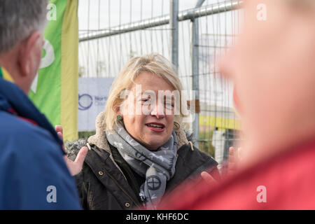 Kirby Misperton, UK. 17 novembre, 2017. L'ancien chef du Parti Vert du Canada Natalie Bennett fait de discours en dehors du troisième site de fracturation de l'énergie à Kirby Misperton dans Yorkshire du Nord Crédit : Richard Burdon/Alamy Live News Banque D'Images