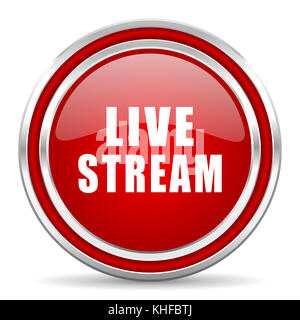 Diffusion en direct rouge argent métallisé bordure de chrome web et icône de téléphone mobile sur fond blanc avec ombre Banque D'Images