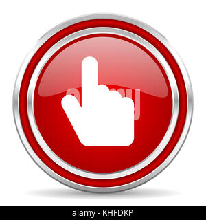 Main, curseur rouge argent métallique bordure chrome web et icône de téléphone portable sur fond blanc avec ombre Banque D'Images