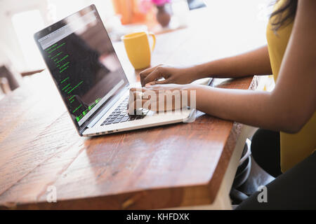 Mains d'une businesswoman working on her laptop de chez vous. Banque D'Images