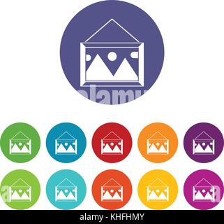 Photo dans un cadre sur le mur d'icônes dans différentes couleurs isolé sur fond blanc Illustration de Vecteur