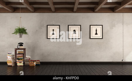 Retro vide salon avec des piles de livres sur plancher en bois sombre - 3D Rendering Banque D'Images