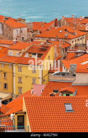 Piran, Slovénie - septembre 3, 2017 : piran toits aux beaux jours d'été. piran est le centre administratif de l'Istrie slovène et l'un de ses Banque D'Images