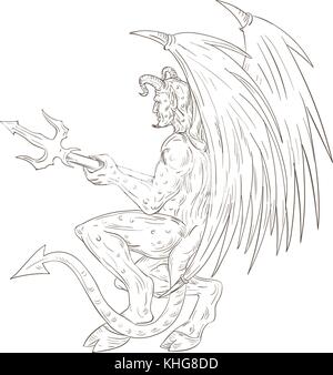 Croquis dessin illustration de style d'un démon, satan, démon ou monstre cornu avec des ailes de chauve-souris tenant une fourche trident vu de côté. Illustration de Vecteur
