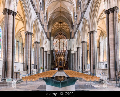 Nef de la cathédrale de Salisbury avec les fonts baptismaux de l'avant-plan, Salisbury, Wiltshire, Angleterre, Royaume-Uni Banque D'Images