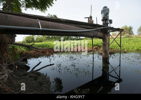 Cette pompe à eau de surface de Gilsizer Slough ne peut pas être utilisée cette année en raison des conditions de sécheresse critiques à Yuba City, CA, vendredi 28 août 2015. La pompe purait normalement de l'eau dans le goulinet pour l'irrigation agricole, mais de moins en moins d'eau a été prélevée au cours des quatre dernières années. Maintenant, aucune eau ne peut être tirée. Un puits (à proximité) a été foré pour prélever l'eau souterraine de l'aquifère en dessous. Le débit d'eau est acheminé vers ce champ et d'autres champs par des tuyaux souterrains, des vannes de régulation et des canaux de surface. D'autres champs qui utilisent le Gilsizer Slough ont été aidés par le département d'A des États-Unis Banque D'Images