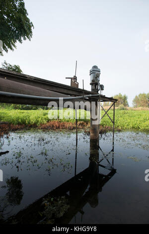 Cette pompe à eau de surface de Gilsizer Slough ne peut pas être utilisée cette année en raison des conditions de sécheresse critiques à Yuba City, CA, vendredi 28 août 2015. La pompe purait normalement de l'eau dans le goulinet pour l'irrigation agricole, mais de moins en moins d'eau a été prélevée au cours des quatre dernières années. Maintenant, aucune eau ne peut être tirée. Un puits (à proximité) a été foré pour prélever l'eau souterraine de l'aquifère en dessous. Le débit d'eau est acheminé vers ce champ et d'autres champs par des tuyaux souterrains, des vannes de régulation et des canaux de surface. D'autres champs qui utilisent le Gilsizer Slough ont été aidés par le département d'A des États-Unis Banque D'Images