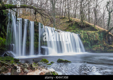 Pontneddfechan, dans le sud du Pays de Galles, Royaume-Uni. 19 novembre, 2017. Les cascades sur la rivière Afon Nedd Fechan dans le sud du Pays de Galles ont été dans le plein débit, aujourd'hui 19 novembre 2017, que les températures oscillé autour de 8 °C toute la journée. Crédit : Chris Stevenson/Alamy Live News Banque D'Images