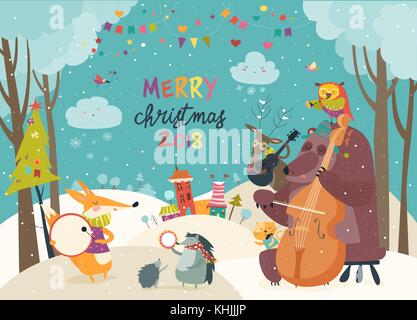 Célébration de Noël Des animaux heureux Illustration de Vecteur