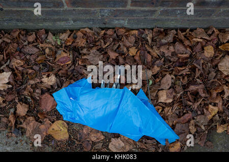 A broken umbrella oublié dans les feuilles d'automne dans une rue résidentielle, le 9 novembre 2017, Londres, Angleterre. Banque D'Images