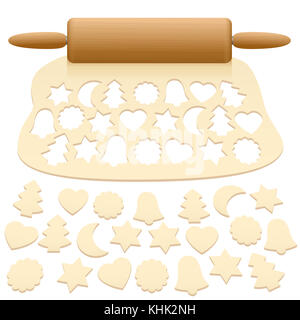 Découper des biscuits de Noël à partir de matières premières feuilletée - illustration sur fond blanc. Banque D'Images