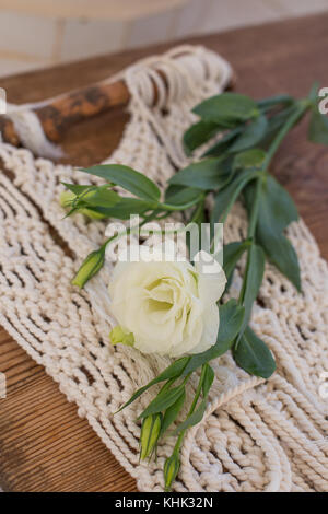 Lisianthus blancs placés sur macrame wall art Banque D'Images