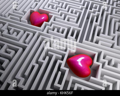 Deux coeur rouge dans le Labyrinthe Labyrinthe, 3d illustration Banque D'Images