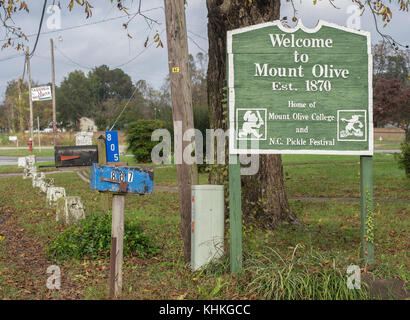 « Bienvenue à Mt. Le panneau « olive » près des maisons et des entreprises qui seront bientôt en mesure d’utiliser l’énergie électrique excédentaire du fumier de porc et de dinde à Doug Jernigan Farms, une ferme familiale de trois générations et employeur qui, quelques mois plus tôt, a refinancé une première du genre, dans la nation, Le système de production d'énergie renouvelable (SER), avec l'aide du ministère de l'Agriculture des États-Unis (USDA) Rural Development (RD) Renewable Energy for America Program (REAP) garantie de prêt à Mt. Olive, Caroline du Nord, le mardi 10 novembre 2015. Pour plus d'informations sur USDA, RD et REAP, voir Banque D'Images