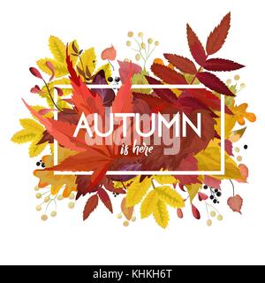 Saison Automne style aquarelle floral vecteur conception de cartes border frame : jaune orange rouge bourgogne couleur automne forêt feuilles érable chêne arbre branches Illustration de Vecteur