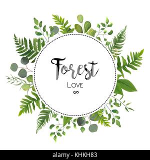 Vector floral design de carte d'inviter avec eucalyptus vert fougères Verdure élégante forêt berry cercle rond gerbe belle cure frame border prin Illustration de Vecteur